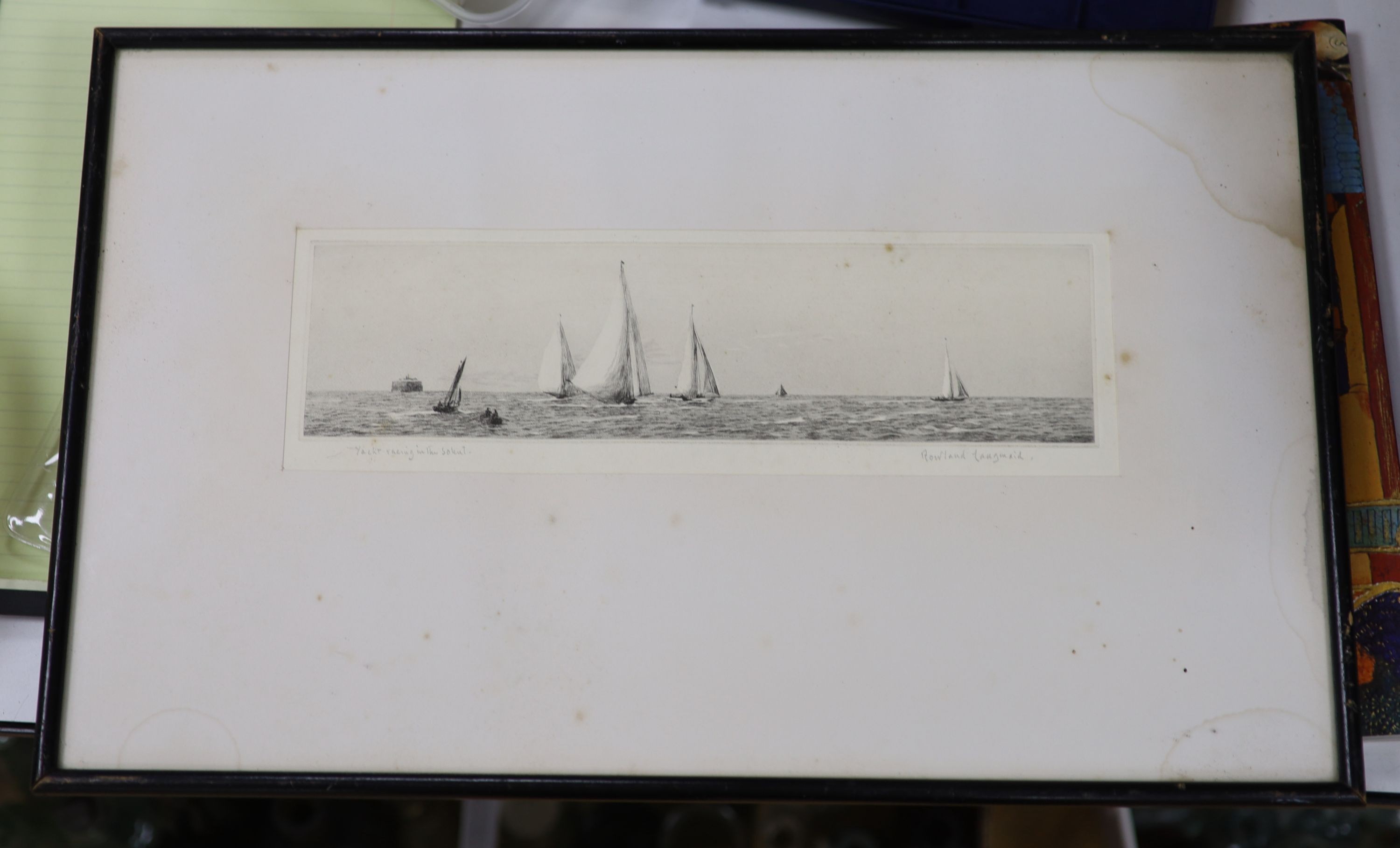 Rowland Langmaid (1897-1956), drypoint etching, Yacht racing in the Solent, signed in pencil, 8.5 x 32cm